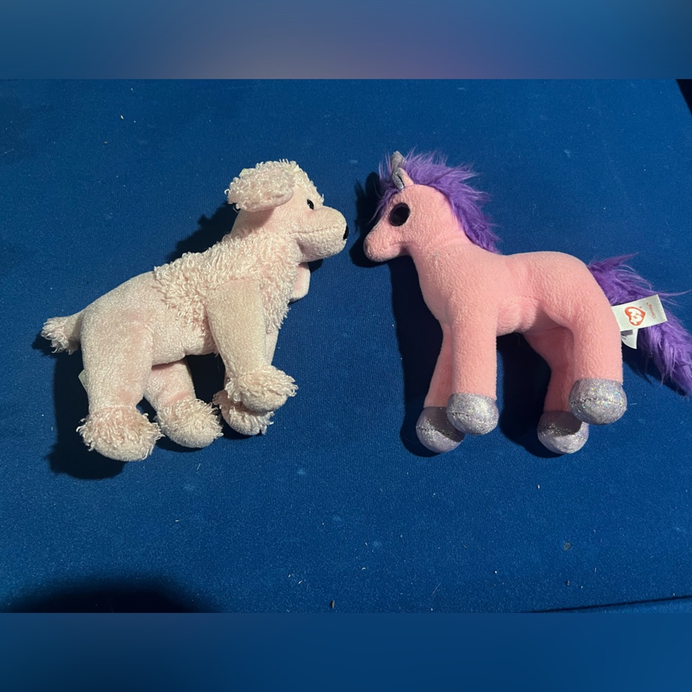 Ty Beanie Babies Brigitte Pink Poodle Dog & Charming Pink Unicorn